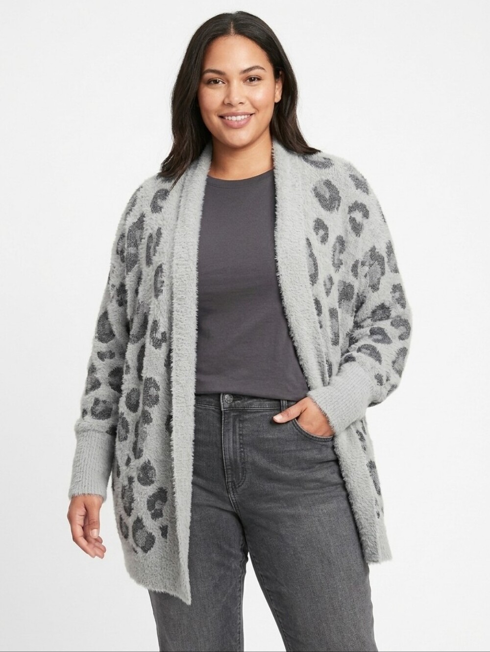 J.Jill Cozy Fuzzy Leopard Animal Print Open Front Gray Cardigan 2X Plus Size